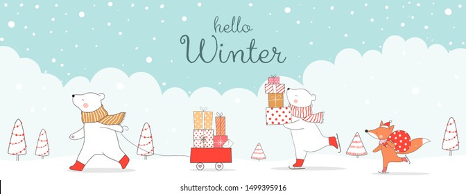 Draw illustration banner cute cat with presents in Santa sleigh for Christmas day and New year.Winter concept.Doodle cartoon style.