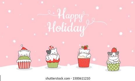 Draw illustration banner cute cat in cupcake for Christmas day and New year on pink pastel.Winter concept.Doodle cartoon style.