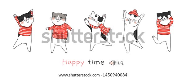 Zeichnen Sie Illustrationsbanner Susse Katze Tanz Stock Vektorgrafik Lizenzfrei
