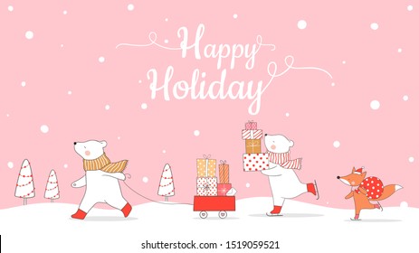 Draw illustration banner cute polar bear and fox with presents for Christmas day and New year.Winter concept.Doodle cartoon style.