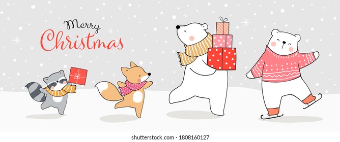 Draw illustration banner funny animal playing in snow.Winter and Christmas concept.