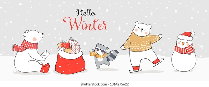 Draw illustration banner funny polar bear and animal playing in snow.Winter and Christmas concept.