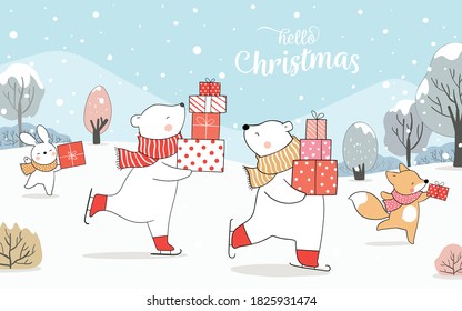 Draw illustration banner funny polar bear and fox rabbit playing in snow Winter and Christmas concept.