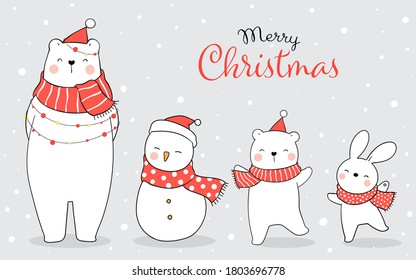 Draw illustration banner happy animal and snowman in snow.Winter New year and Christmas concept.