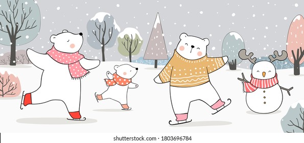 Draw illustration banner polar bear on ice skates in snow.Winter and Christmas concept.
