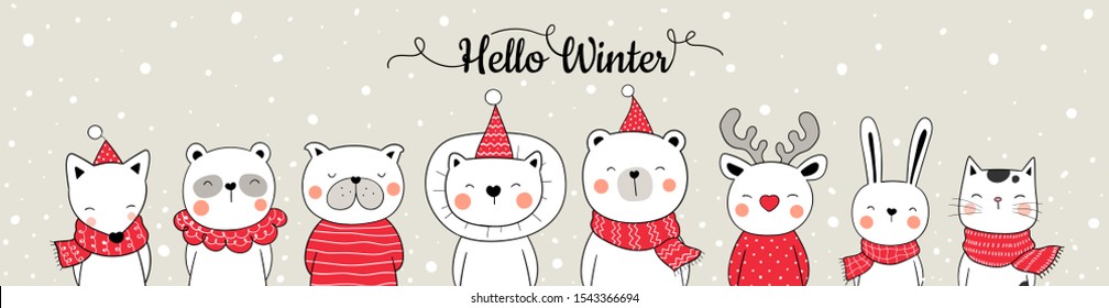 Draw illustration banner web design cute animal in snow for Christmas and new year.Winter concept.Doodle cartoon style.