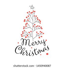 Draw  illustration branches red berries with text for Christmas day and New year.Winter concept.Doodle cartoon style.