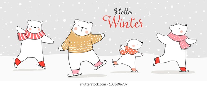 Draw illustration character design banner animal on ice skates in snow.Winter and Christmas concept.