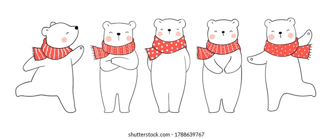 Draw illustration character design cute polar bear with red scarf for Christmas day and New year.Doodle cartoon style.