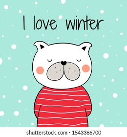 Draw illustration character design french bulldog in snow for Christmas and new year.Winter concept.Doodle cartoon style.