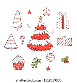 Draw illustration collection Christmas elements on white.Doodle cartoon style.