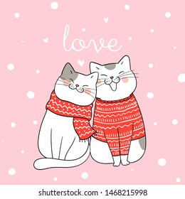 Draw illustration couple love of cat sitting in snow for Christmas day and New year.Winter concept.Doodle cartoon style.