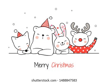 Draw illustration cute animal for Christmas day and New year.Isolated on white.Doodle cartoon style.