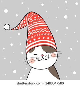 Draw illustration cute cat red hat for Christmas day and New year.Isolated on white.Doodle cartoon style.
