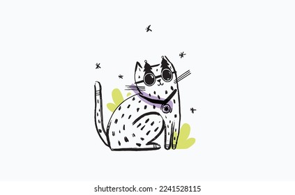 Draw illustration cute cat with tree glasses for Christmas day and New year.Isolated on white.Doodle cartoon style.