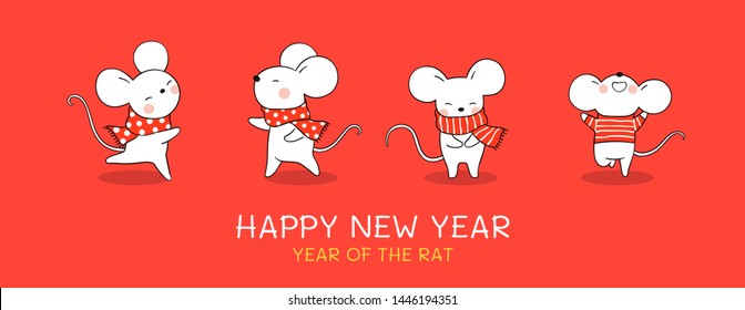 Draw  illustration cute rat with beauty scarf for Christmas day and New year on red background.Banner for web.Doodle cartoon style.