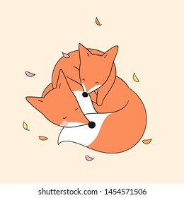 Draw illustration fox sleeping in autumn season.Doodle cartoon style.