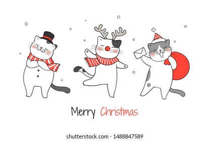 Draw illustration funny cat for Christmas day and New year.Isolated on white.Doodle cartoon style.
