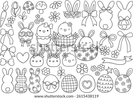Draw illustration groovy easter coloring page Doodle Bunny Chick Egg Outline art stamp