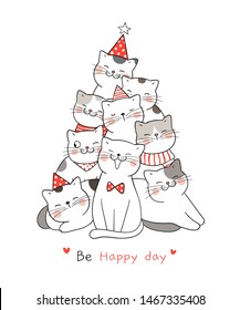 Draw  Illustration Happy Cat With Word Be Happy Day  For Christmas Day And New Year.Doodle Cartoon Style.