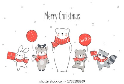 Draw illustration polar bear and happy animal standing in snow for Christmas day and New year.Winter concept.Doodle cartoon style.