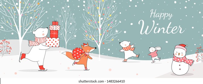 Draw  illustration polar bear holding gifts and fox with bag gift in snow  for Christmas day and New year.Winter concept.Doodle cartoon style.