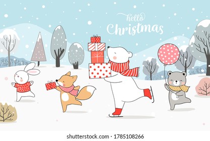Draw illustration polar bear holding gifts fox and rabbit playing in snow for Christmas day and New year.Winter concept.Doodle cartoon style..