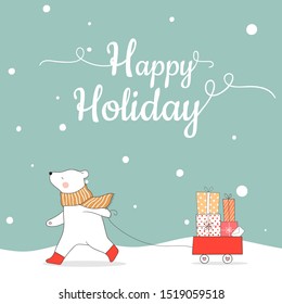 Draw illustration polar bear with presents in Santa sleigh for Christmas day and New year.Winter concept.Doodle cartoon style.