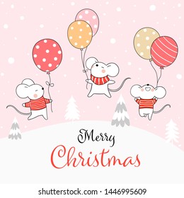 Draw  illustration rat holding balloon and jumping in snow for Christmas day and New year.Doodle cartoon style.