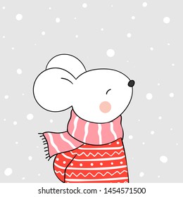 Draw illustration rat with red sweater in snow for Christmas and new year.Doodle cartoon style.