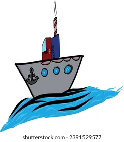 dibujar una ilustración de un barco rojo y azul con grandes olas