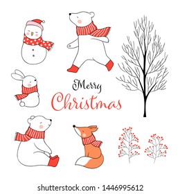 Draw  illustration set animal for Christmas day in winter and New year.Isolated on white.Doodle cartoon style.