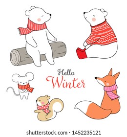 Draw  illustration set animal for Christmas day in winter and New year.Isolated on white.Doodle cartoon style.