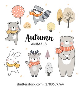 Draw illustration set animals for Autumn season Woodland concept.Isolated on white.Doodle cartoon style.