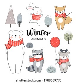 Draw illustration set animals for winter  Christmas and New year.Isolated on white.Doodle cartoon style.