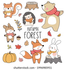 Draw Illustration Set Autumn Forest Animal Stock Vector (Royalty Free ...