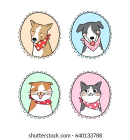 Draw illustration set vintage frame design of cute cat and dog.