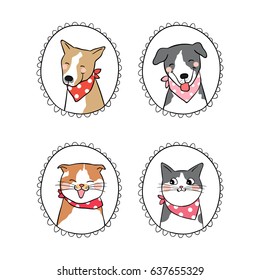 Draw illustration set vintage white frame design of cute cat and dog.