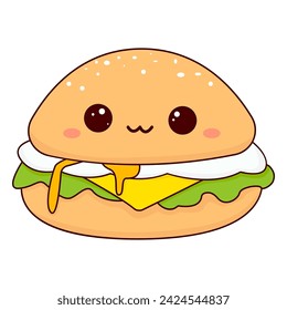 Draw kawaii funny burgers with vector illustration Fast food menu concept. Doodle cartoon style.