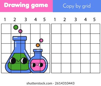 Draw laboratory flask. Grid copy worksheet. educational children game. Printable drawing activity for toddlers and kids.