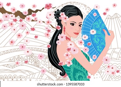 draw of landscape with Beautiful chinese girl with a fan for your design