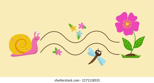 Draw a line between the snail and the flower. Handwriting practice for children.An educational children's game, a printed sheet for children with funny mistakes.Workshop on handwritten writing.