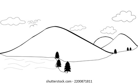 Draw a line of cloudy mountains with rivers and lots of trees with a round sun in the middle and a few flocks of birds flying. One line dynamic minimalist concept drawing graphic design vector illustr
