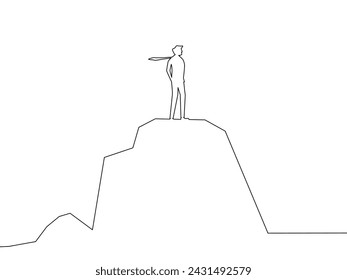 Draw a line of a confident person standing on the mountain top. ultimate success concept 