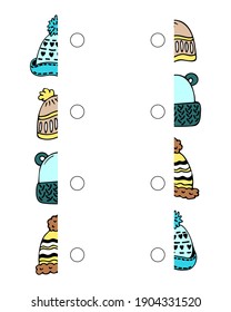 Dibuja una línea y conecte las mitades de los sombreros. Tareas de desarrollo para los niños. Juego coincidente. Página Actividad con imágenes de color. Ilustración vectorial.