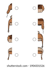 Dibuja una línea y conecte las mitades de los sombreros. Tareas de desarrollo para los niños. Juego coincidente. Página Actividad con imágenes de color. Ilustración vectorial.