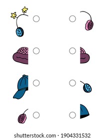 Draw a line and connect the halves of the hats. Developmental tasks for children. Matching game. Activity page with color pictures. Vector illustration.
