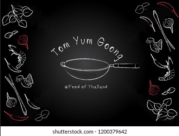 Draw a line of ingredients to make Tom Yum Kung, which is Thailand's food.Pan in the style of Thailand.