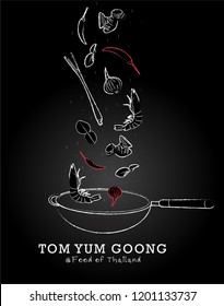 Draw a line of ingredients to make Tom Yum Kung, which is Thailand's food.Pan in the style of Thailand.