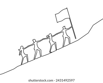 Draw a line leading the team walking up the mountain. business concept 